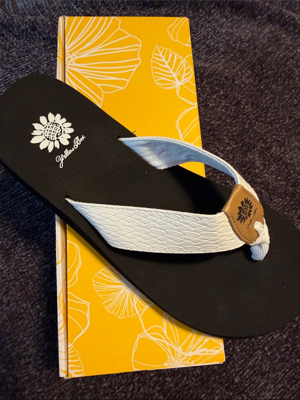 Yellow Box White Strap Black Flip Flop with Tan Logo Patch